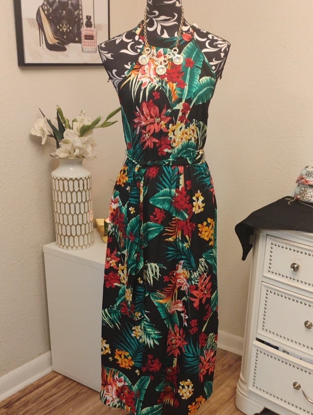 PatPat Black Halter Maxi Dress with Green Tropical Floral Print